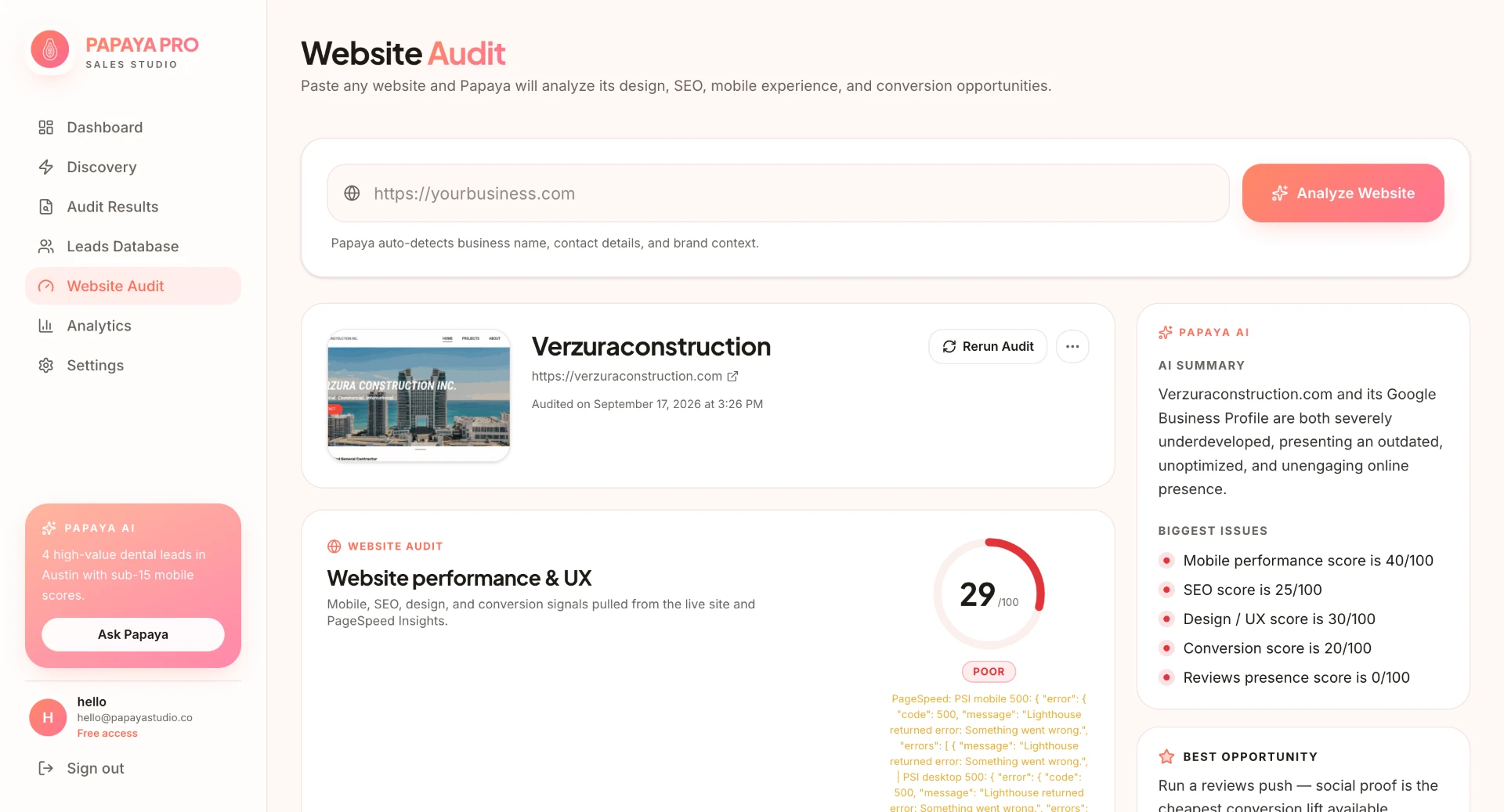 Papaya Pro Website Audit screen showing an on-demand website analysis, performance score, AI summary, issues, and opportunity recommendations