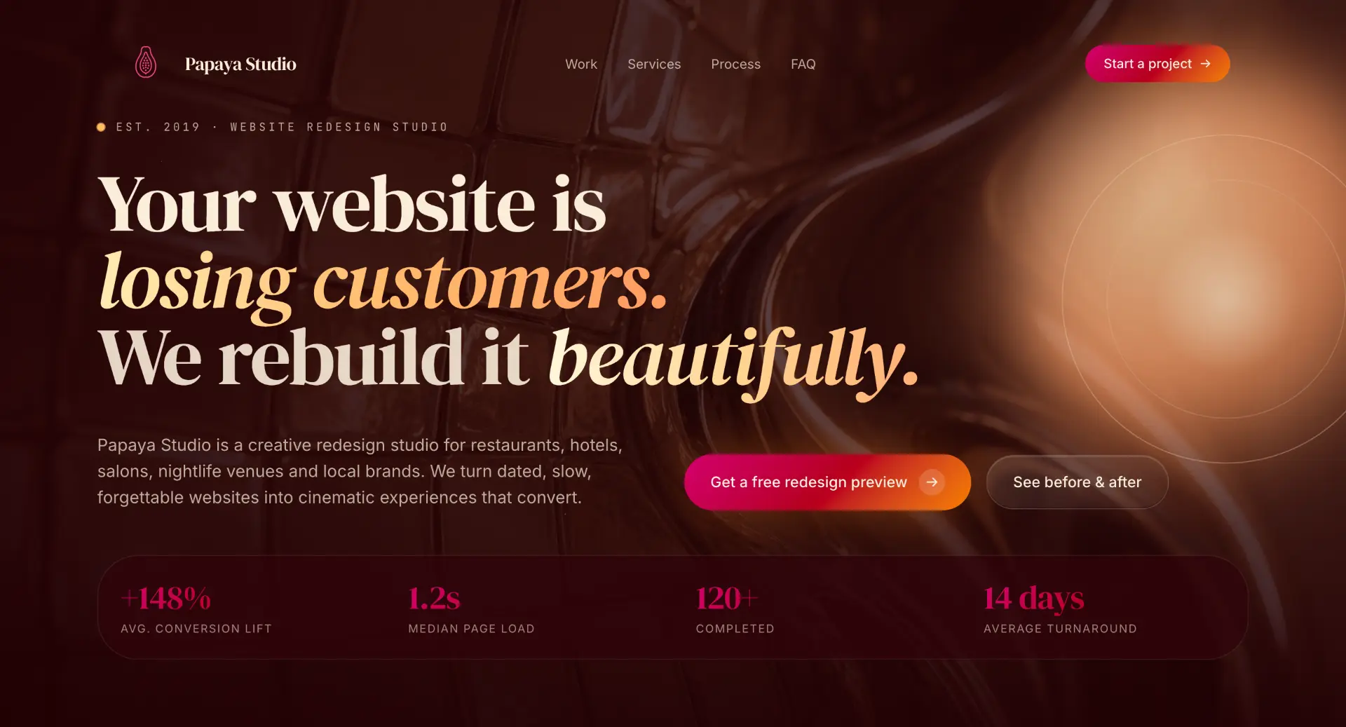 Papaya Studio homepage opening with problem-first messaging about losing customers