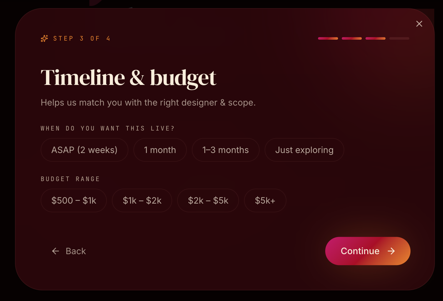 Step three of the Papaya Studio intake flow asking for timeline and budget