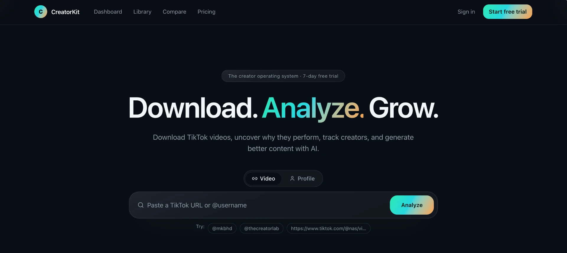 CreatorKit landing page — 'Download. Analyze. Grow.' with a TikTok URL or @username input and Analyze button