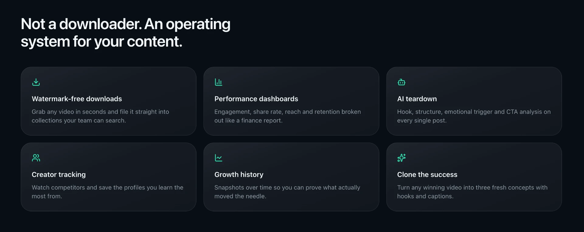 CreatorKit feature grid — six capabilities framed as an operating system for creator content
