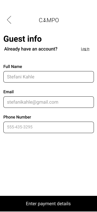 Low-fidelity CAMPO guest information wireframe with name, email and phone fields