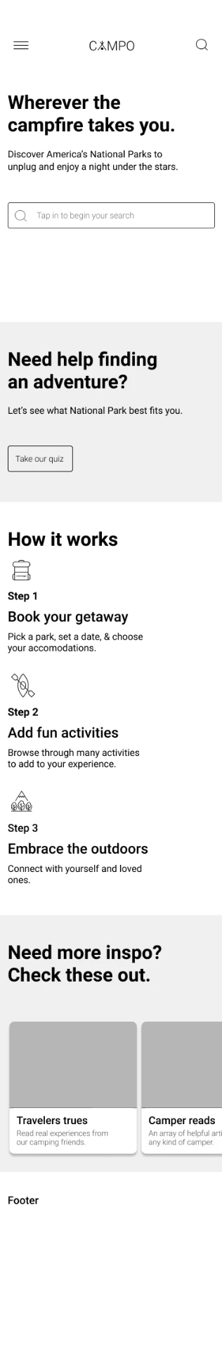 Low-fidelity CAMPO mobile homepage wireframe