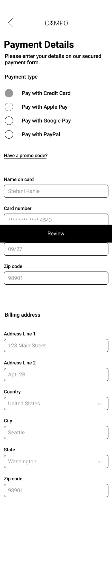 Low-fidelity CAMPO payment details wireframe with payment type options, card fields and billing address