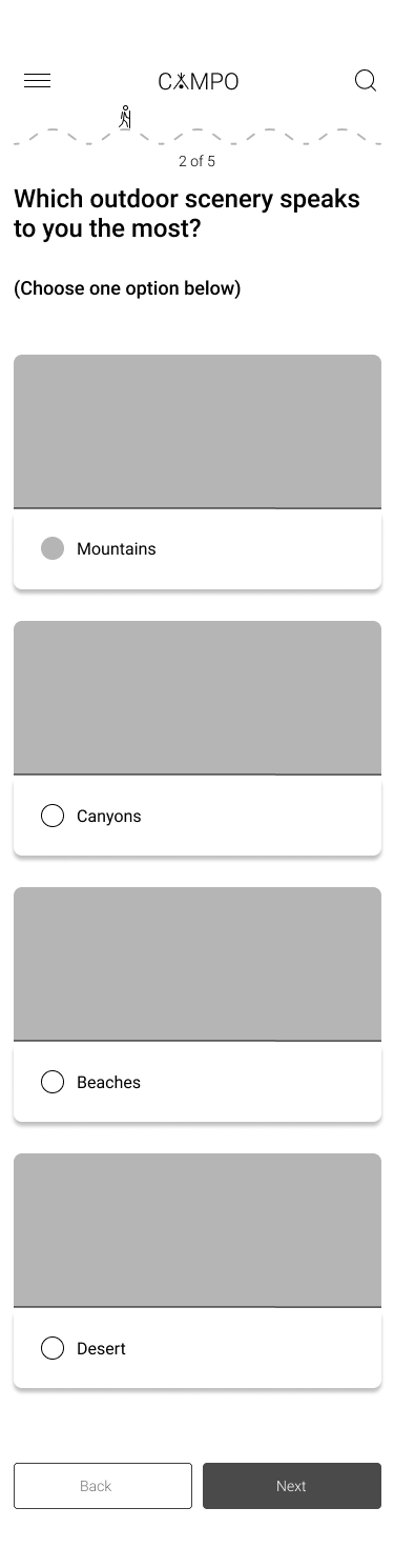 Low-fidelity CAMPO trip matching scenery question with mountains selected