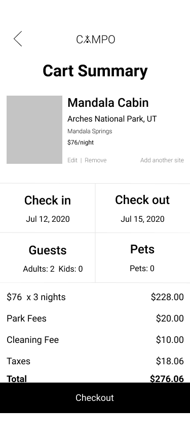 Low-fidelity CAMPO cart summary wireframe showing campsite, dates, guests and price breakdown