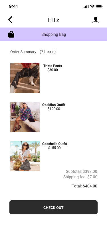 FITz shopping bag and order summary screen