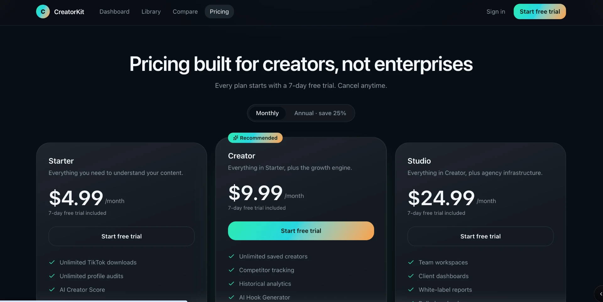 CreatorKit Pricing — three-tier Starter, Creator, and Studio plans with a monthly/annual toggle