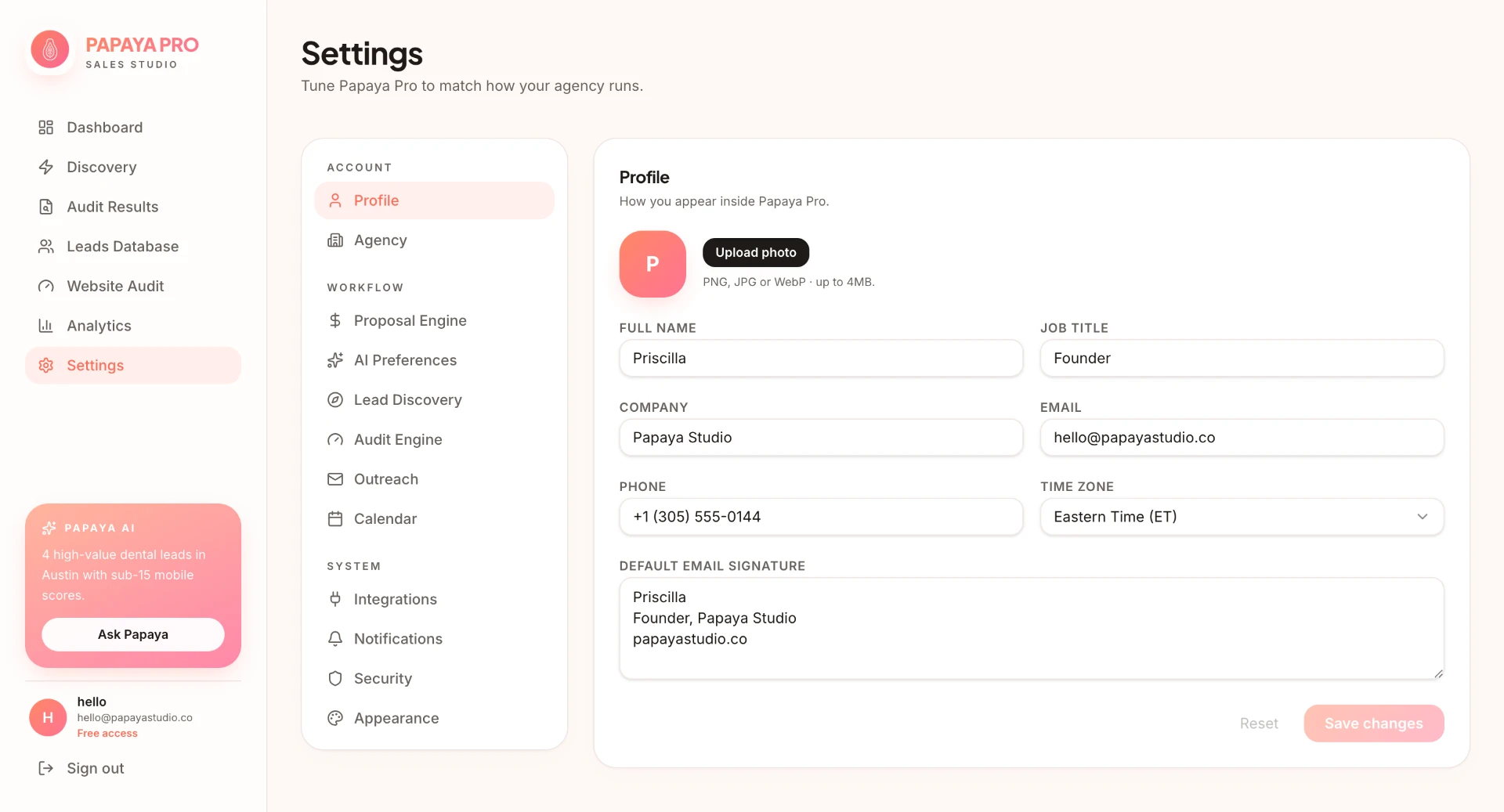Papaya Pro settings screen 1