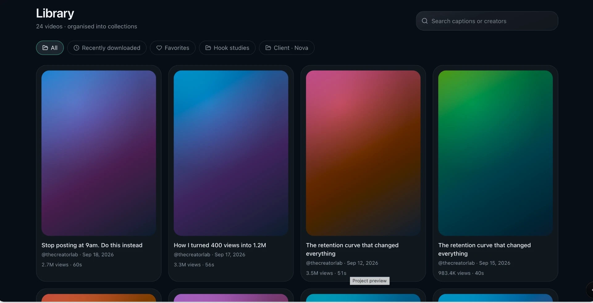 CreatorKit Library — saved videos organized into searchable collections