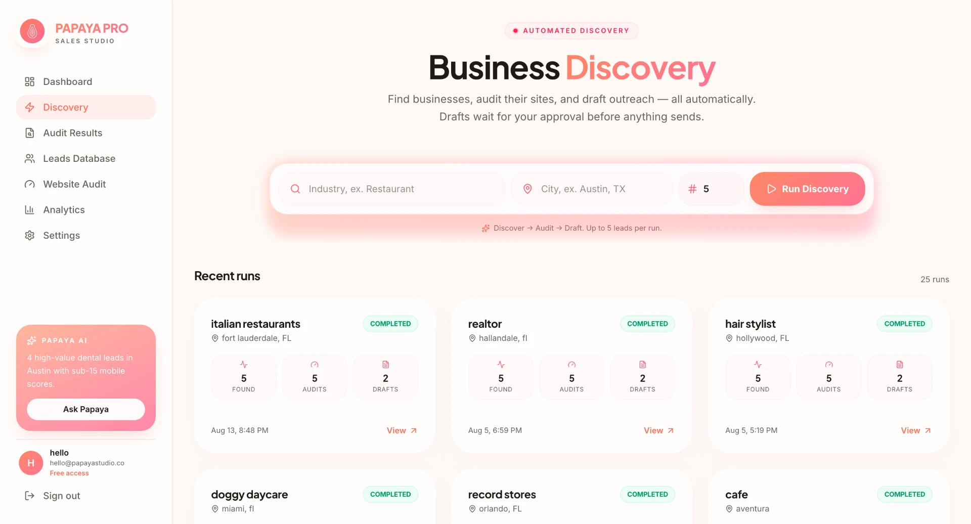 Papaya Pro Business Discovery screen showing the automated search form and recent discovery runs
