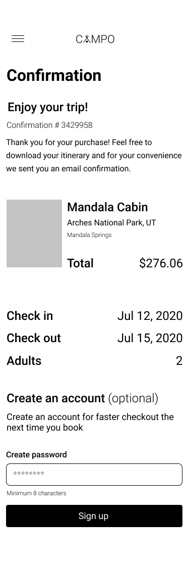 Low-fidelity CAMPO booking confirmation wireframe with confirmation number, trip summary and optional account creation