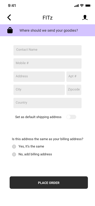 FITz shipping address checkout screen
