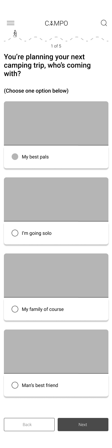 Low-fidelity CAMPO trip matching screen for selecting travel companions