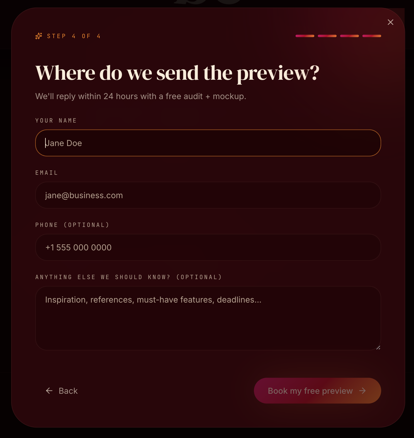 Step four of the Papaya Studio intake flow asking where to send the redesign preview