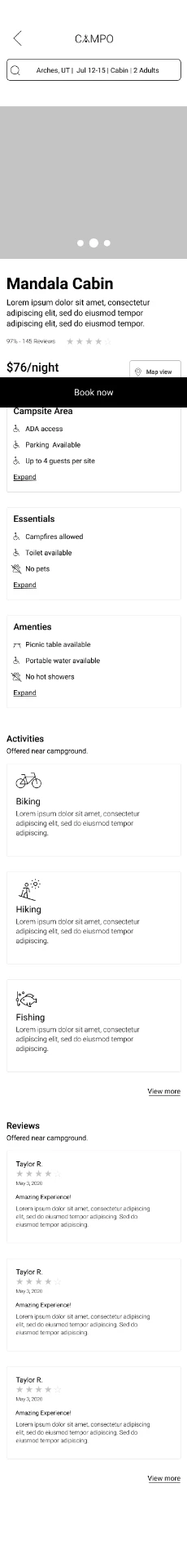 Low-fidelity CAMPO individual campsite listing wireframe