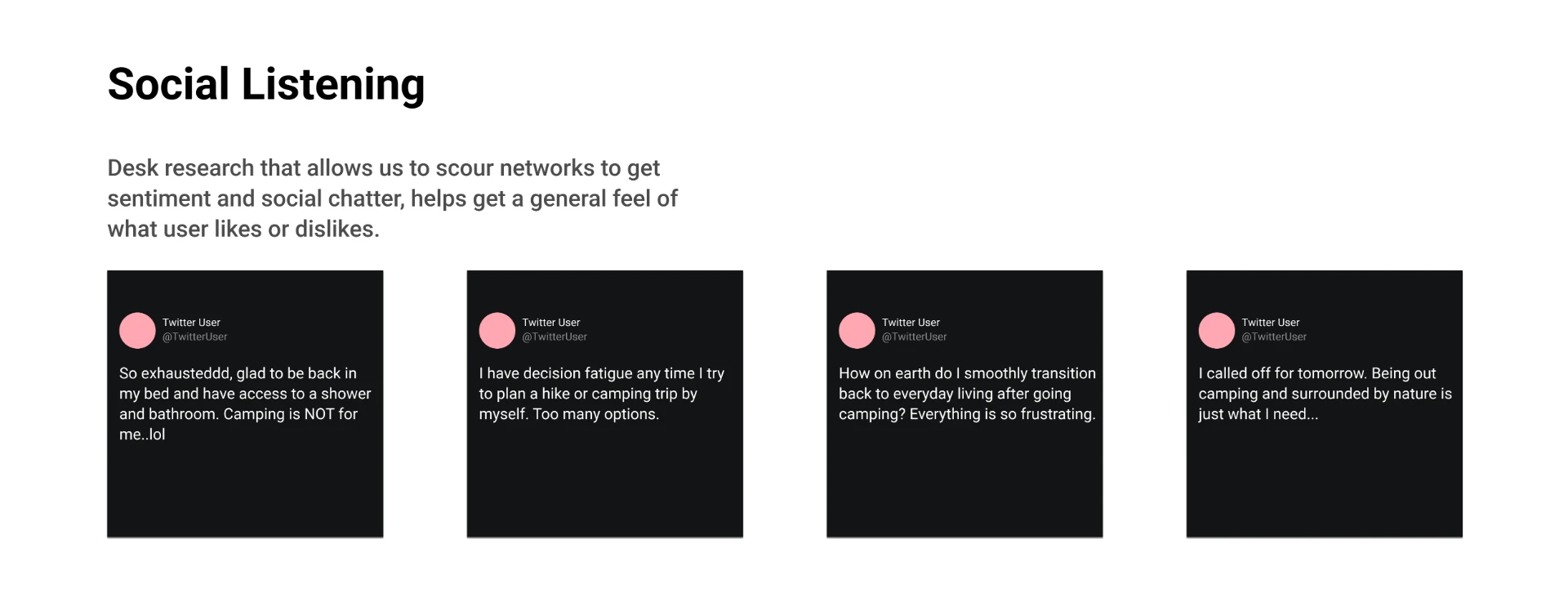 Four anonymized social listening examples about camping sentiment and planning