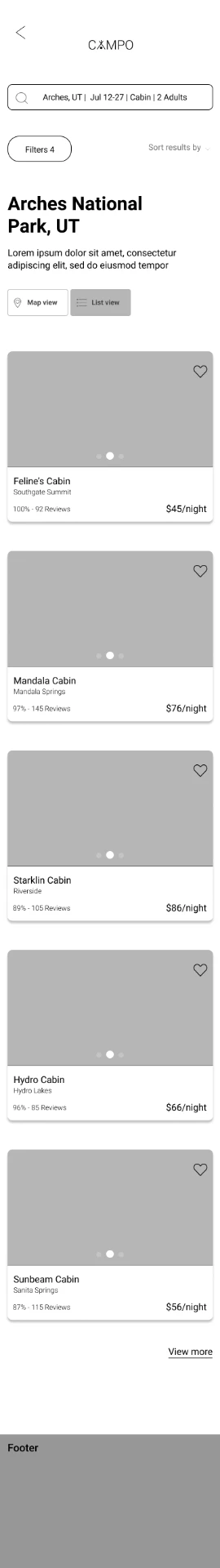 Low-fidelity CAMPO campsite search results wireframe