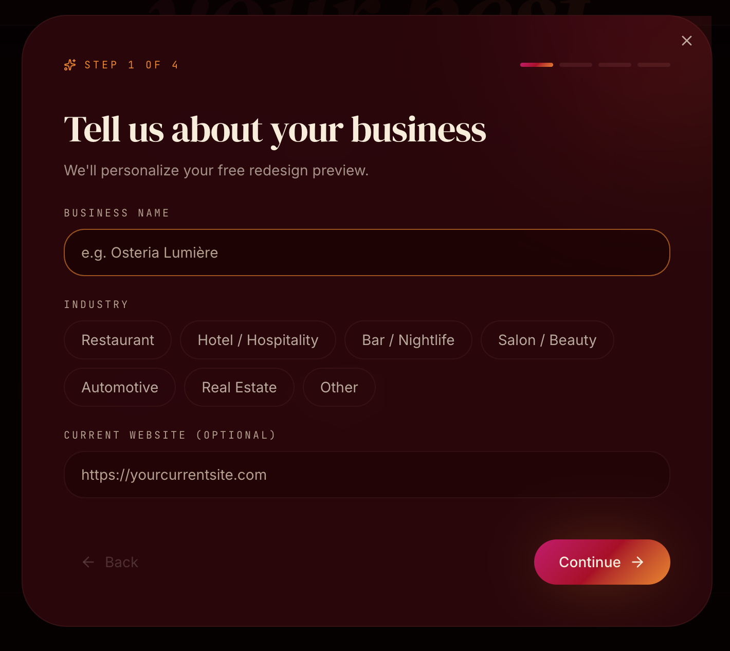 Step one of the Papaya Studio intake flow asking for business name, industry, and current website